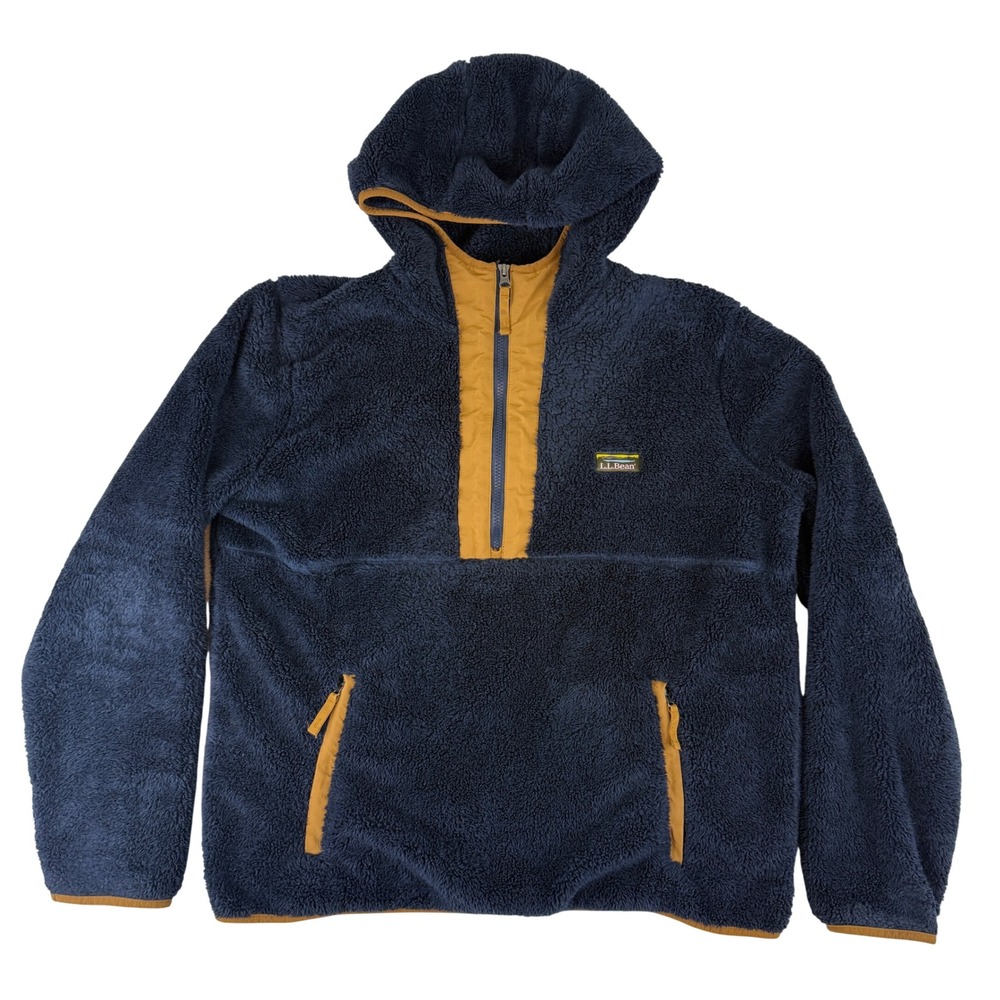 LL Bean Hi-Pile Fleece Pullover Hoodie Mens L Navy Blue Quarter Zip 511606